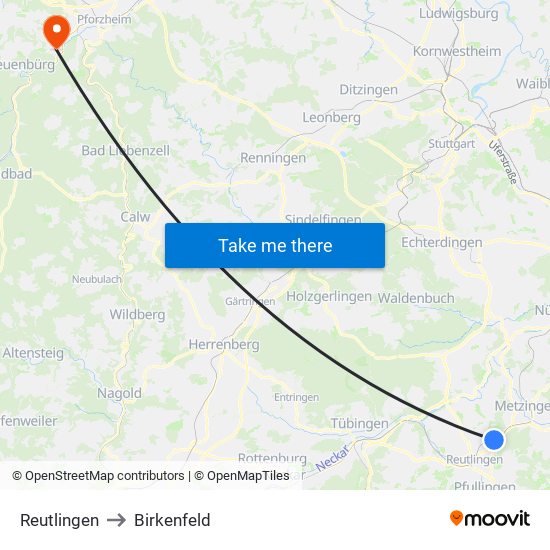 Reutlingen to Birkenfeld map