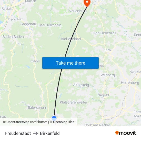 Freudenstadt to Birkenfeld map