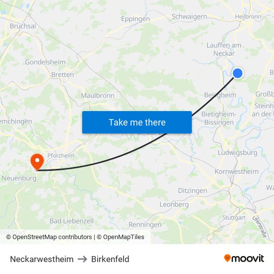 Neckarwestheim to Birkenfeld map