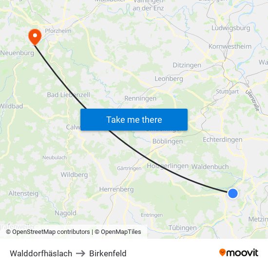 Walddorfhäslach to Birkenfeld map