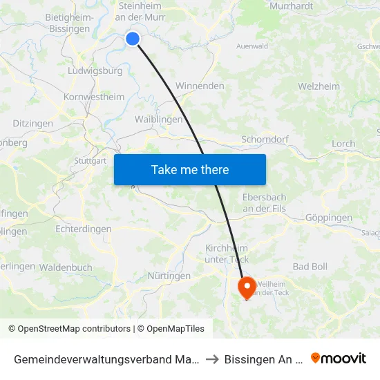 Gemeindeverwaltungsverband Marbach am Neckar to Bissingen An Der Teck map