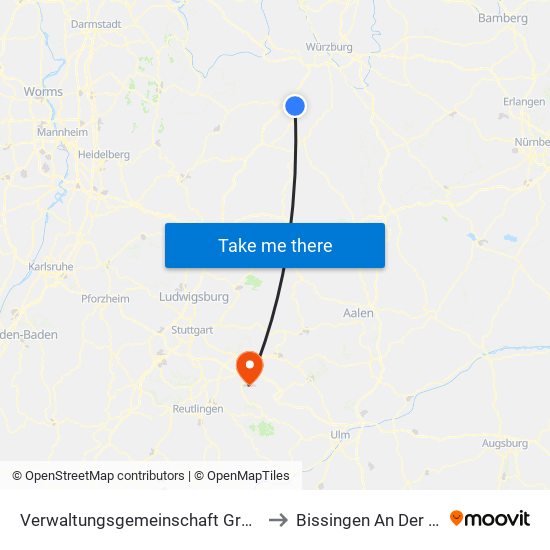 Verwaltungsgemeinschaft Grünsfeld to Bissingen An Der Teck map