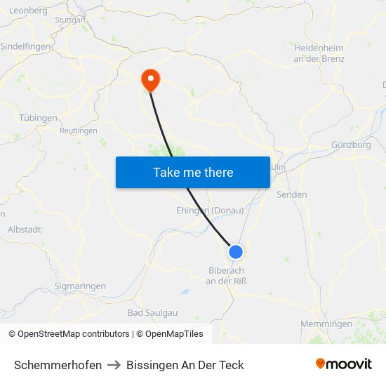 Schemmerhofen to Bissingen An Der Teck map