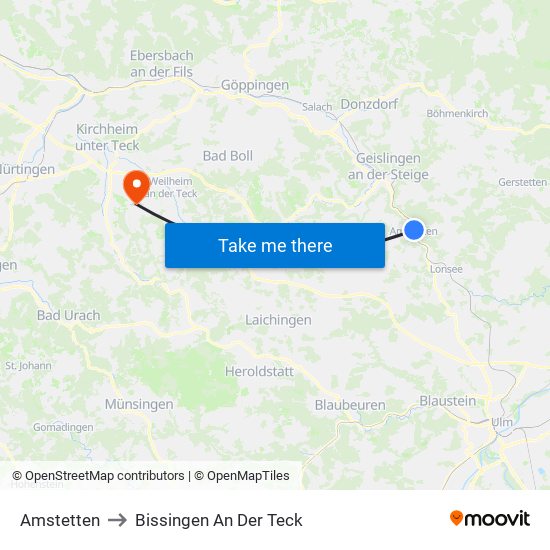 Amstetten to Bissingen An Der Teck map