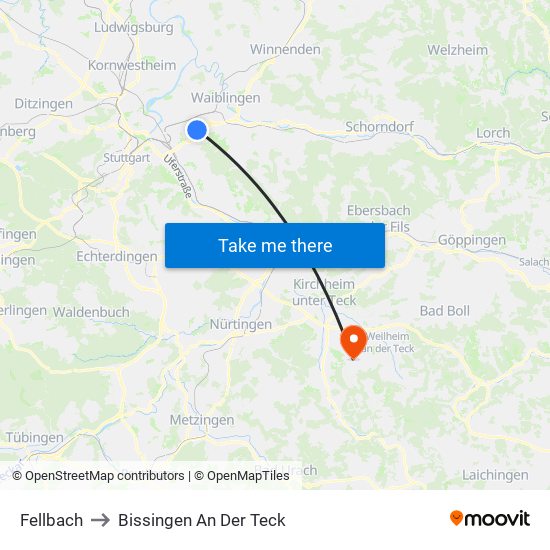 Fellbach to Bissingen An Der Teck map