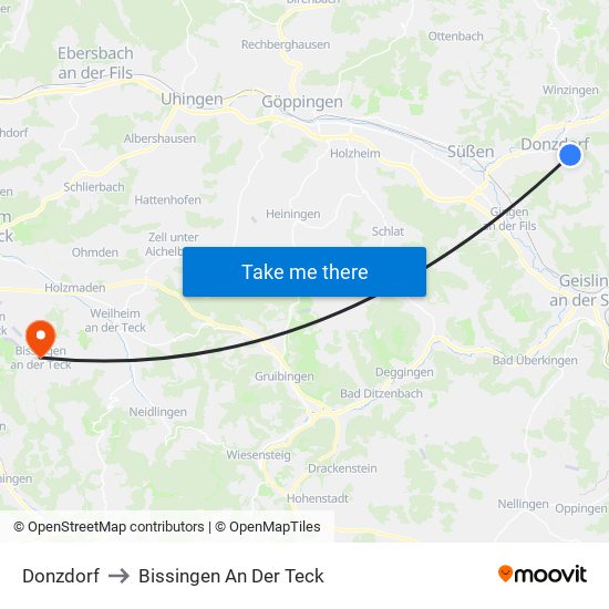 Donzdorf to Bissingen An Der Teck map