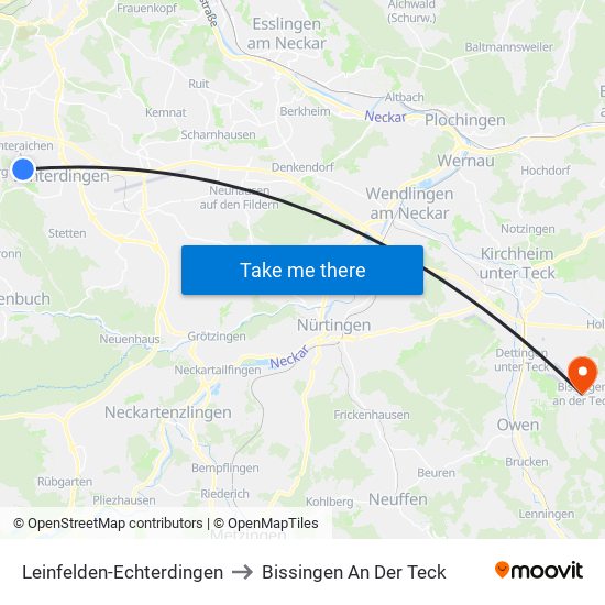 Leinfelden-Echterdingen to Bissingen An Der Teck map