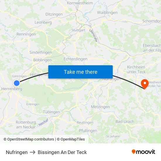 Nufringen to Bissingen An Der Teck map