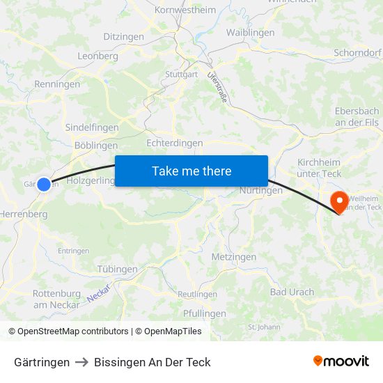 Gärtringen to Bissingen An Der Teck map