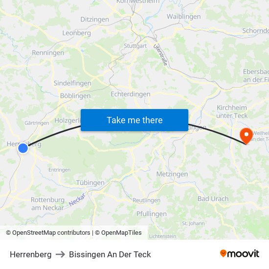 Herrenberg to Bissingen An Der Teck map