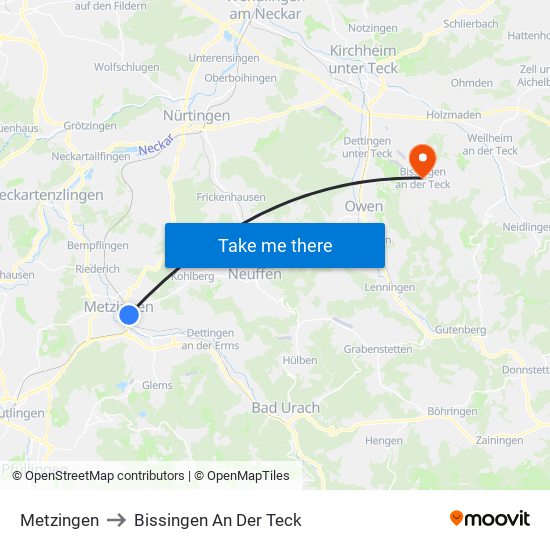 Metzingen to Bissingen An Der Teck map