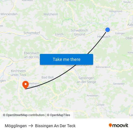 Mögglingen to Bissingen An Der Teck map