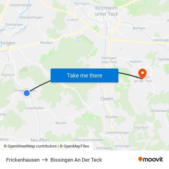 Frickenhausen to Bissingen An Der Teck map
