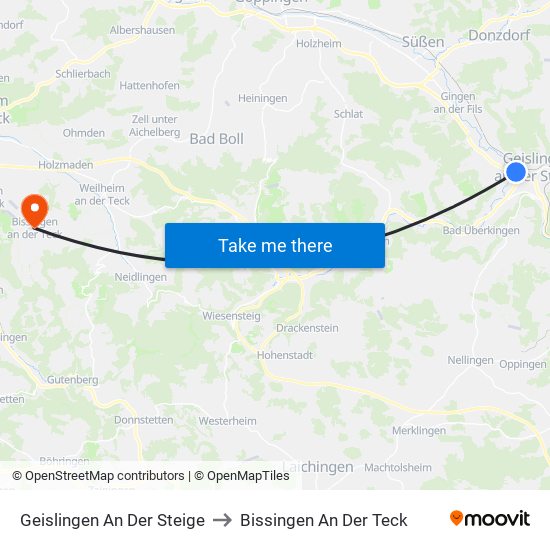 Geislingen An Der Steige to Bissingen An Der Teck map