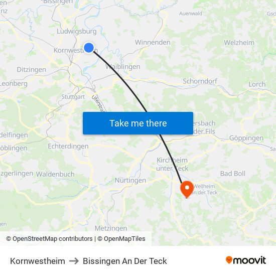 Kornwestheim to Bissingen An Der Teck map