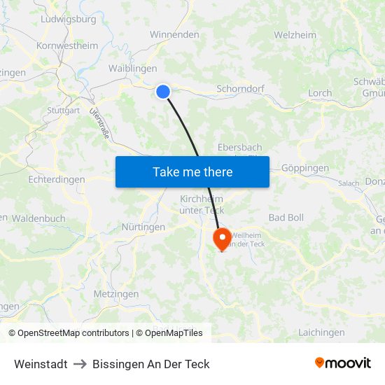 Weinstadt to Bissingen An Der Teck map