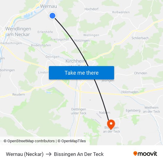 Wernau (Neckar) to Bissingen An Der Teck map