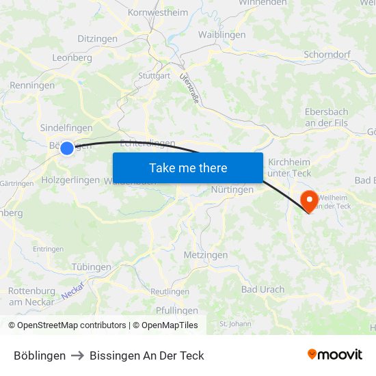 Böblingen to Bissingen An Der Teck map