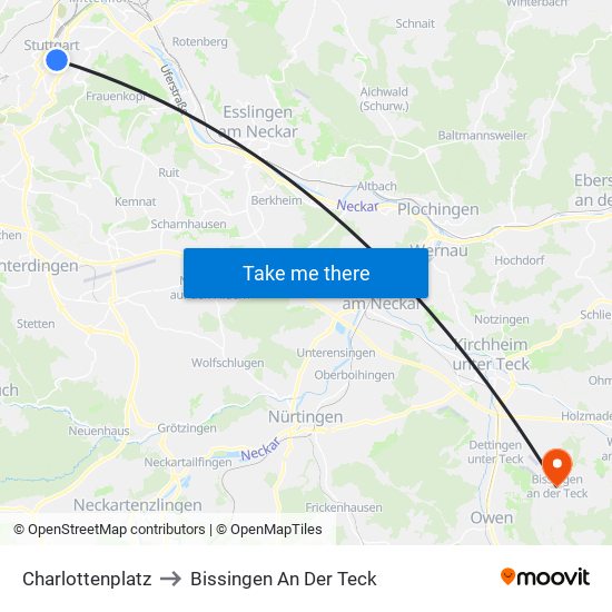 Charlottenplatz to Bissingen An Der Teck map