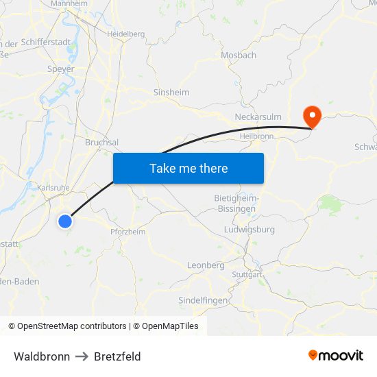 Waldbronn to Bretzfeld map