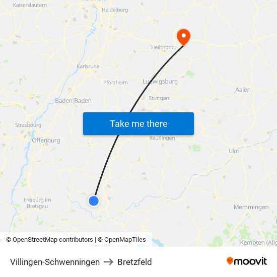 Villingen-Schwenningen to Bretzfeld map