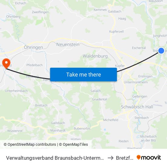 Verwaltungsverband Braunsbach-Untermünkheim to Bretzfeld map