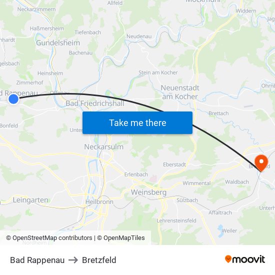 Bad Rappenau to Bretzfeld map