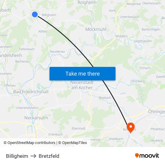 Billigheim to Bretzfeld map