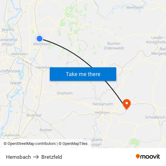Hemsbach to Bretzfeld map