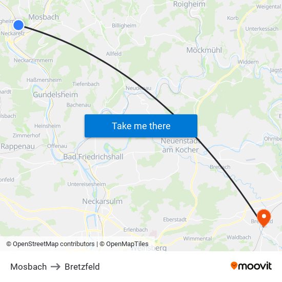 Mosbach to Bretzfeld map