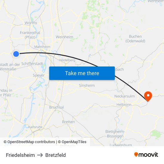 Friedelsheim to Bretzfeld map