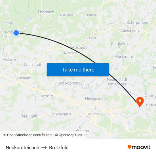 Neckarsteinach to Bretzfeld map