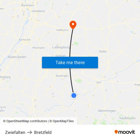 Zwiefalten to Bretzfeld map