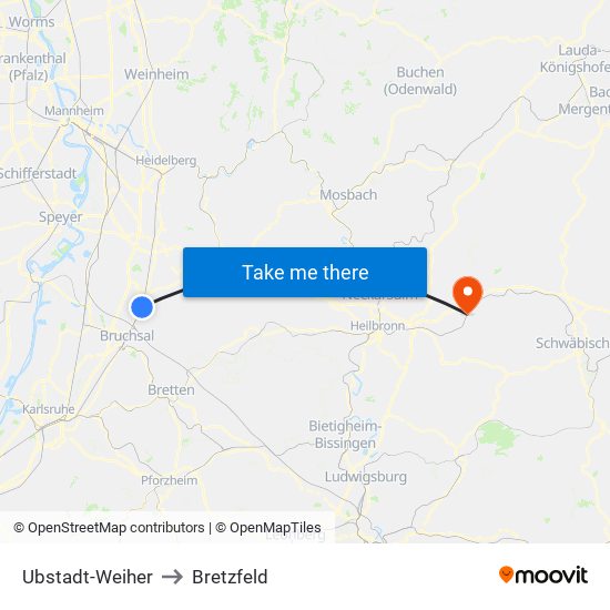Ubstadt-Weiher to Bretzfeld map