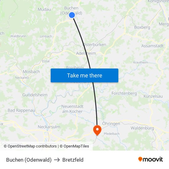 Buchen (Odenwald) to Bretzfeld map