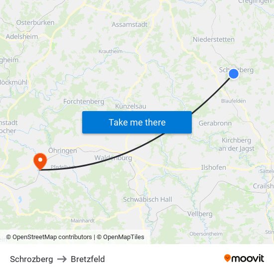 Schrozberg to Bretzfeld map