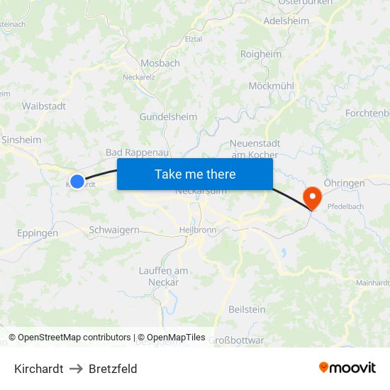 Kirchardt to Bretzfeld map