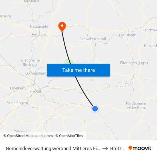 Gemeindeverwaltungsverband Mittleres Fils-Lautertal to Bretzfeld map