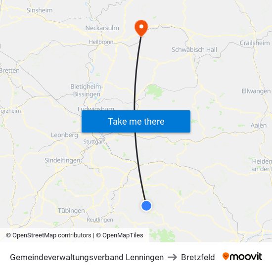 Gemeindeverwaltungsverband Lenningen to Bretzfeld map