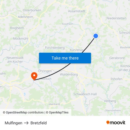 Mulfingen to Bretzfeld map