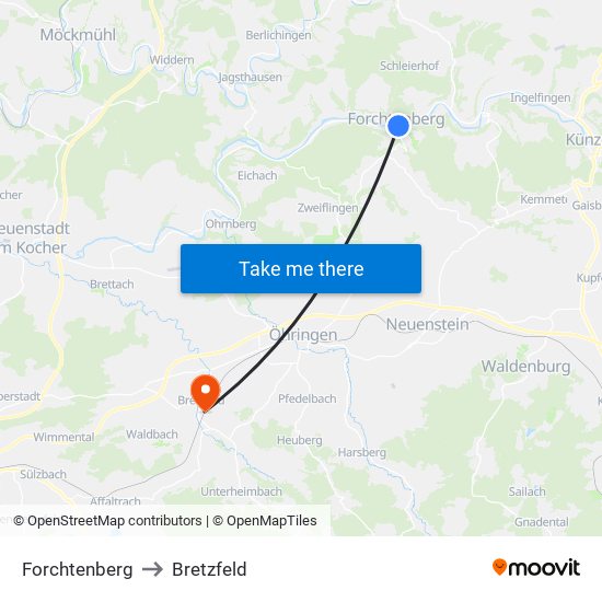 Forchtenberg to Bretzfeld map