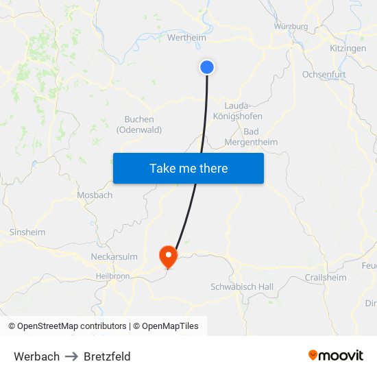 Werbach to Bretzfeld map