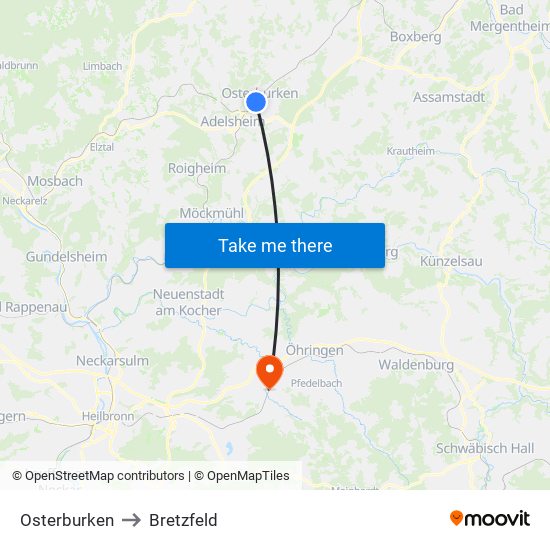 Osterburken to Bretzfeld map
