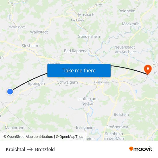 Kraichtal to Bretzfeld map