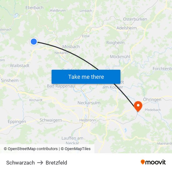 Schwarzach to Bretzfeld map