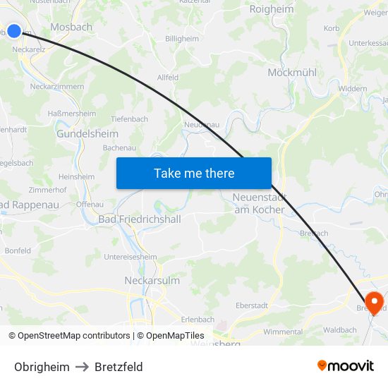 Obrigheim to Bretzfeld map