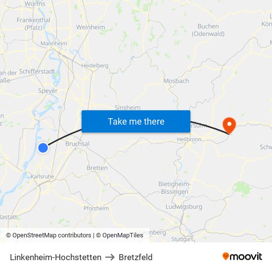 Linkenheim-Hochstetten to Bretzfeld map