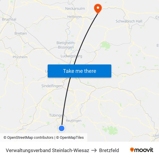 Verwaltungsverband Steinlach-Wiesaz to Bretzfeld map