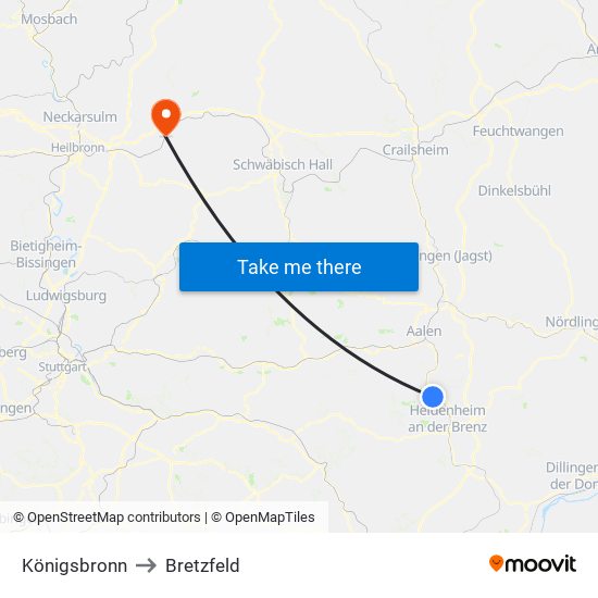 Königsbronn to Bretzfeld map