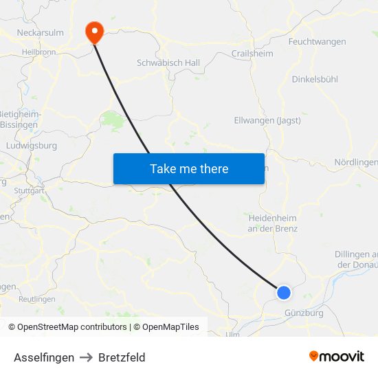 Asselfingen to Bretzfeld map